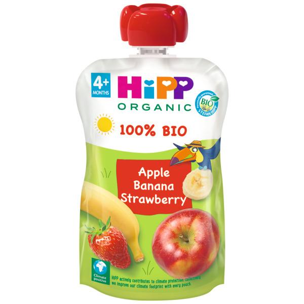 Embalagem de 6 saquetas de Maçã, Banana e Morango HiPP 100 g