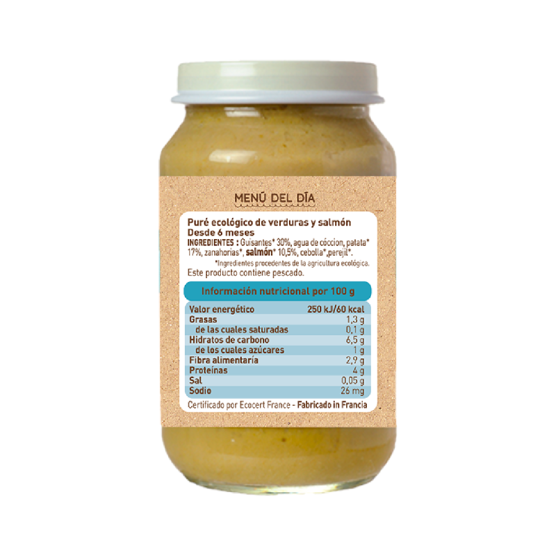 Pote de menu tradicional com legumes e salmão, 200g. Babybio