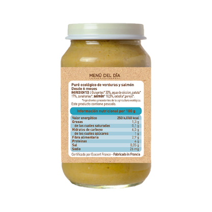 Embalagem com 3 potes tradicionais de menu com legumes e salmão, 200g. Babybio