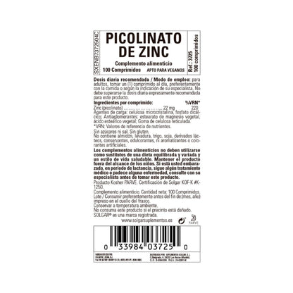 Picolinato de Zinco 100 comprimidos de 22 mg Solgar