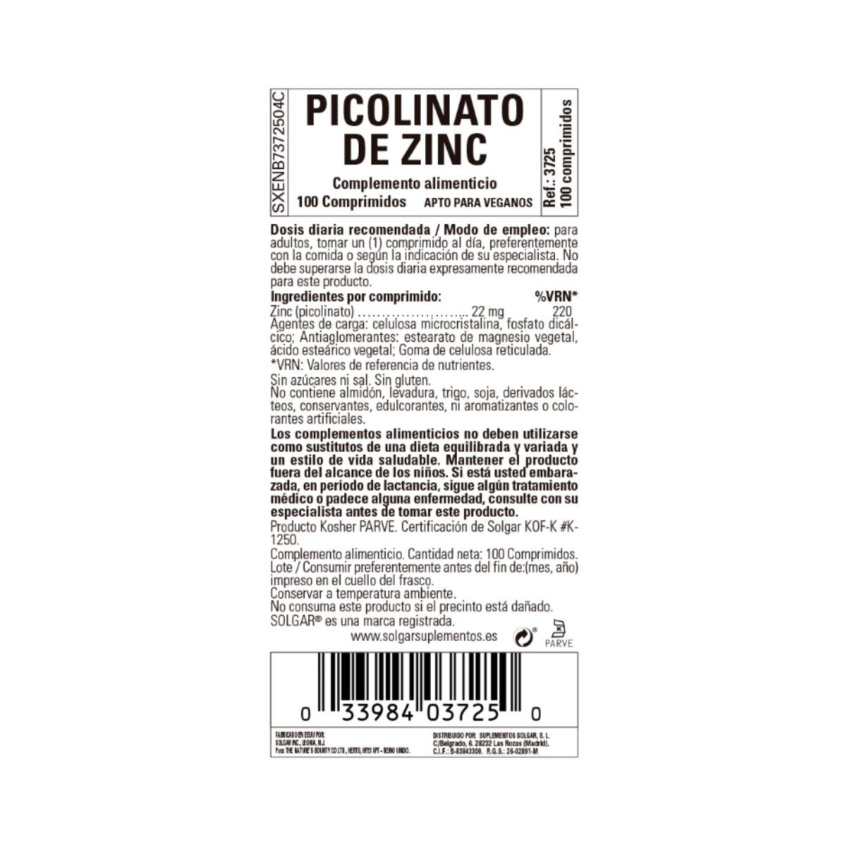 Embalagem 2x Picolinato de Zinco, 100 comprimidos de 22mg