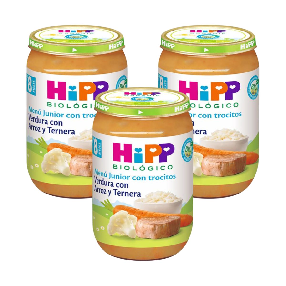 Embalagem x 3 Pote de legumes com arroz e carne de vaca biológica +8 meses HiPP 220 g