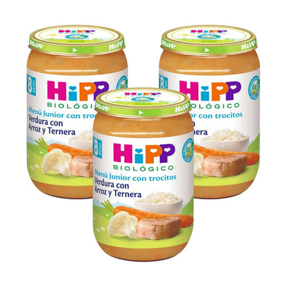 Embalagem x 3 Pote de legumes com arroz e carne de vaca biológica +8 meses HiPP 220 g
