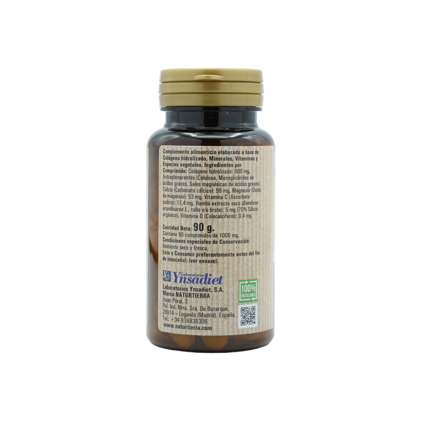 Colagénio hidrolisado com magnésio + silício orgânico + cálcio + vitaminas C e D, 90 comprimidos. NaturTierra