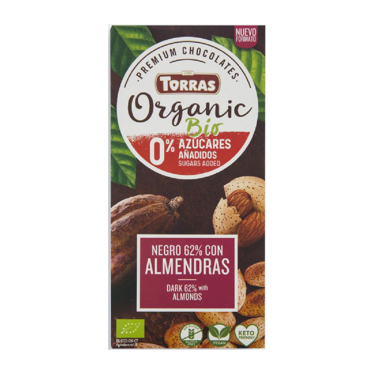 Chocolate Negro 62% Cacau Sem Açúcar com Amêndoas Inteiras Biológico Torras 100 g