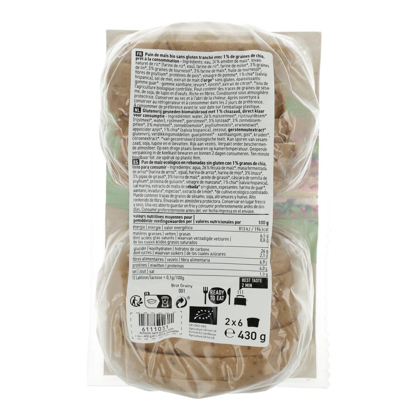 Pão de Milho Fatiado com Sementes Sem Glúten Bio Schnitzer 430 g