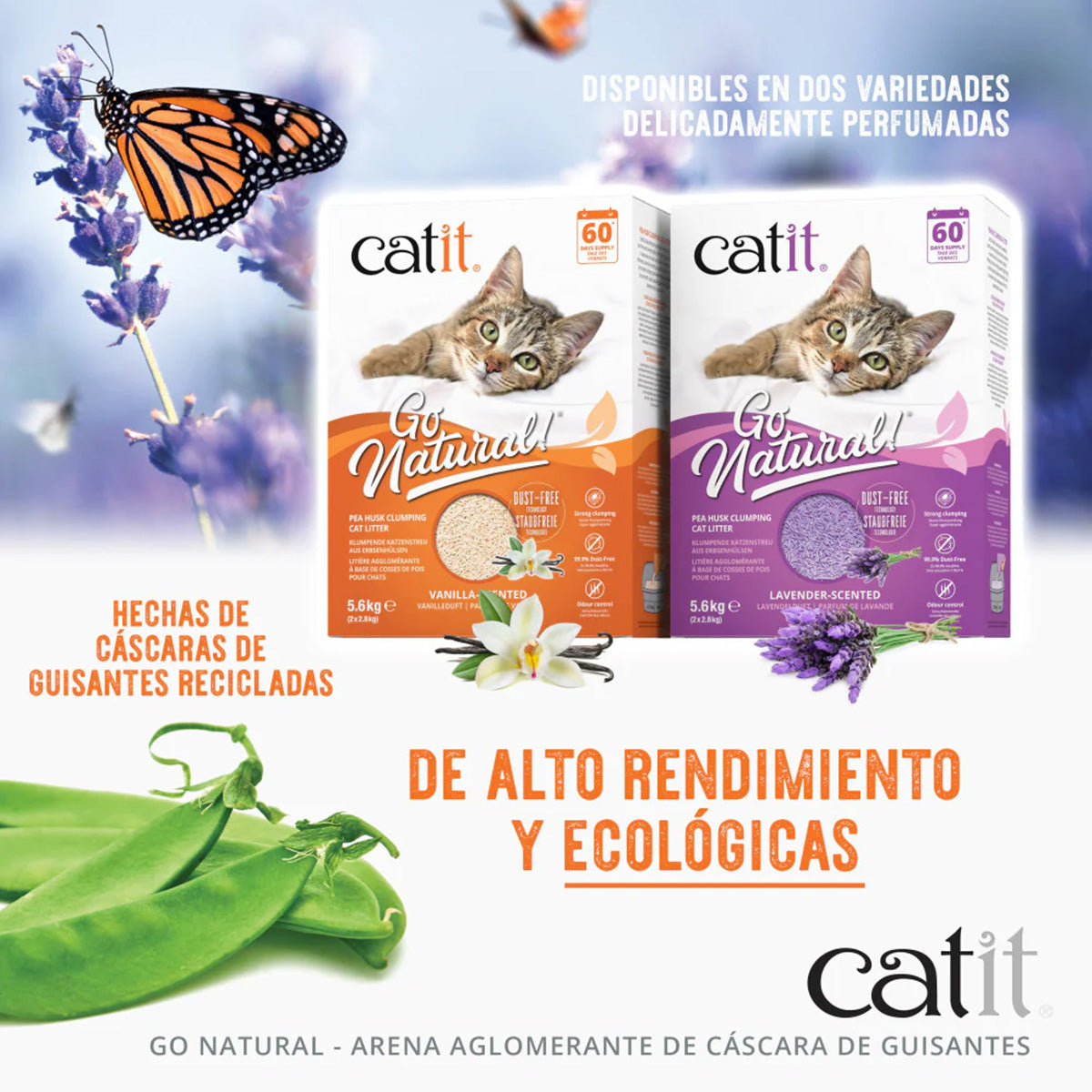 Arena aglomerante ecológica de cáscara de guisantes aroma lavanda Go Natural! 5,6 kg Catit