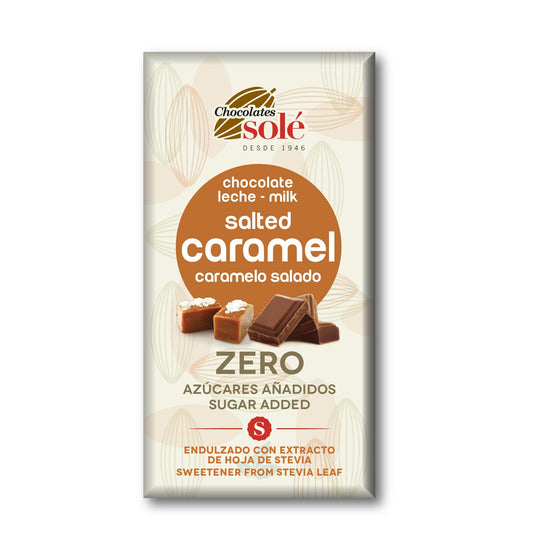 Barra de chocolate de leite com stevia e caramelo negro salgado 100g Solé