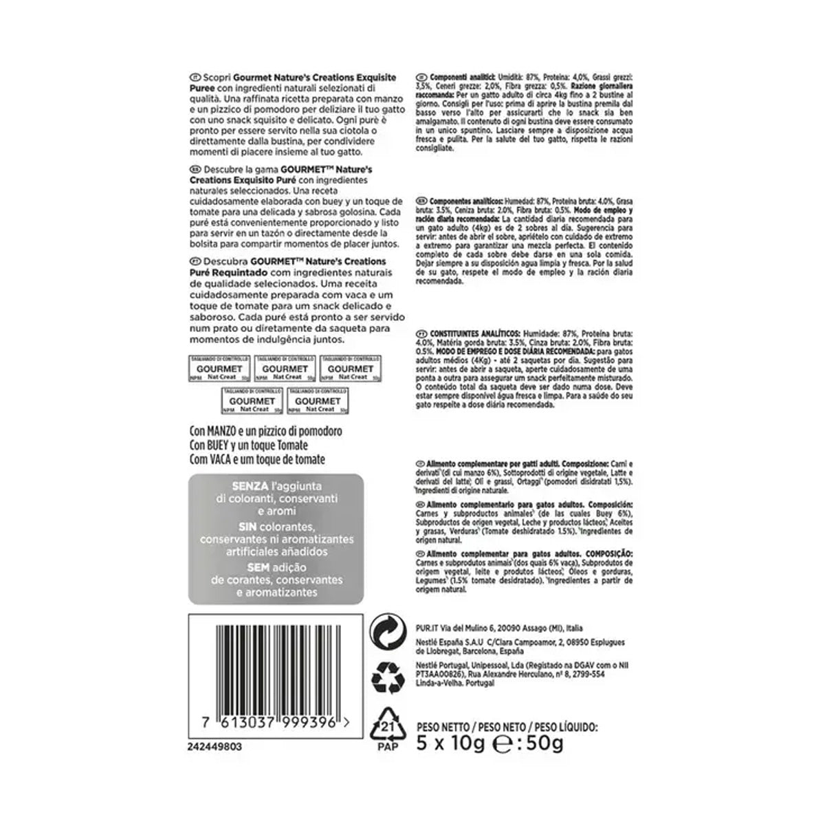 Embalagem de 11 x GOURMET Nature's Creations Exquisite Puree Snack Líquido com Salmão e Cenoura 5x10g