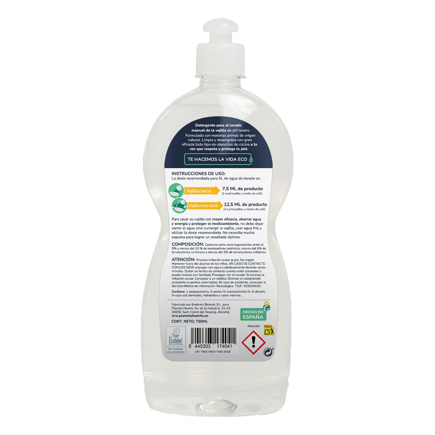 Máquina de lavar loiça manual hipoalergénica e sem fragrância ECO Planeta Huerto 750 ml