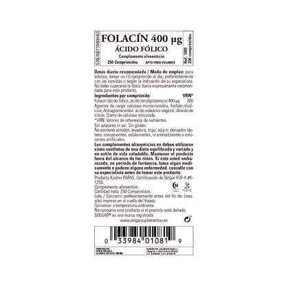Folacin ácido fólico 250 cápsulas