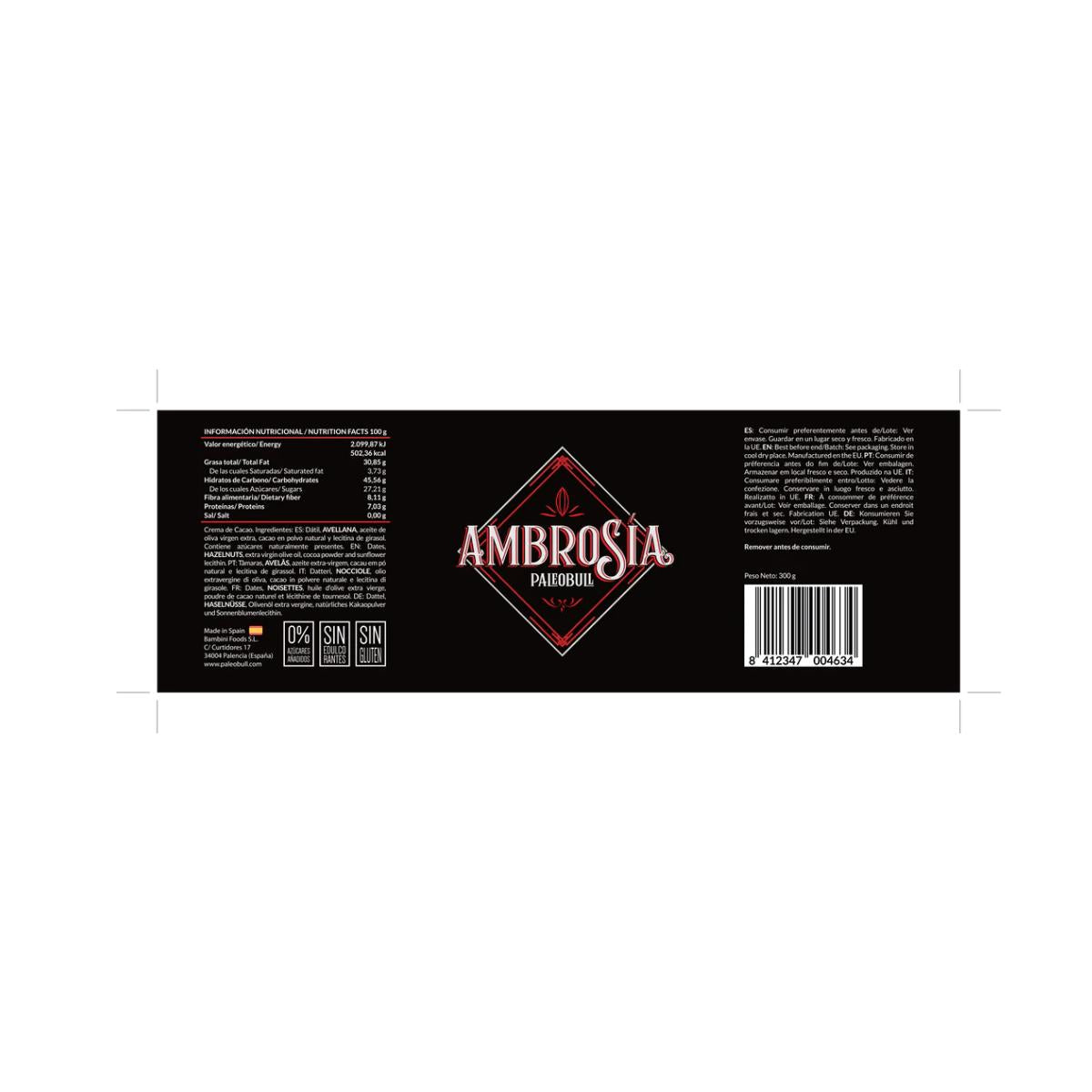 Creme Saudável de Avelã e Cacau Ambrosia Paleobull 300 g