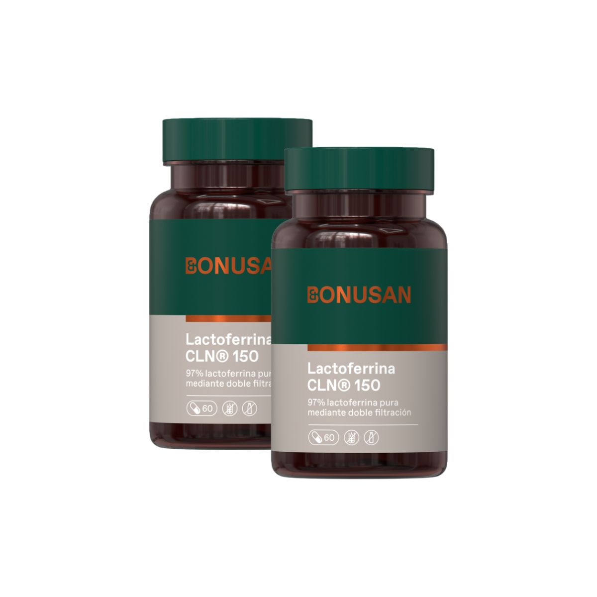 Embalagem 2x Lactoferrina 150 mg, Bonusan, 60 cápsulas vegetais