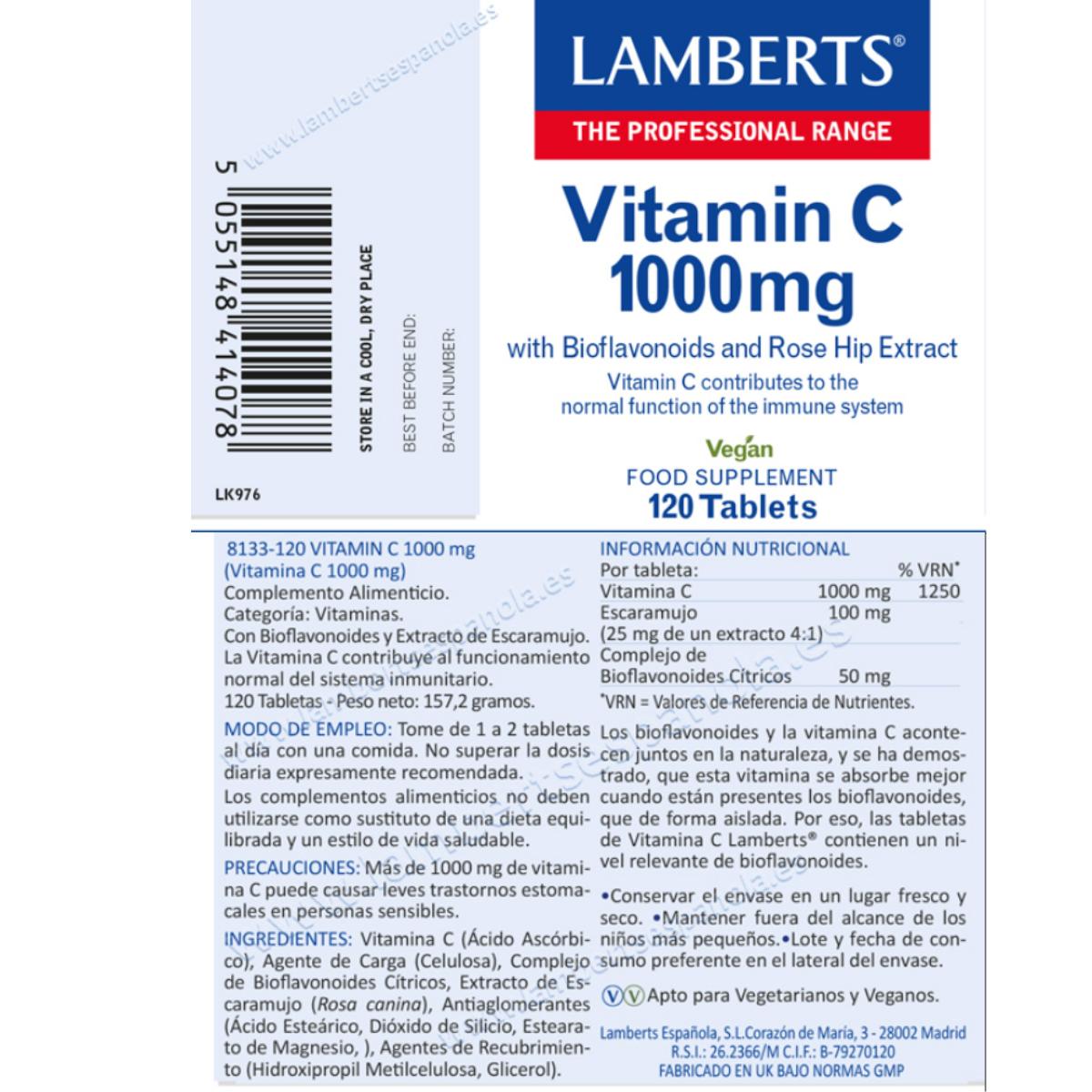 Embalagem de 2 Vitaminas C 1000 mg com bioflavonóides e rosa mosqueta, Lamberts, 120 comprimidos