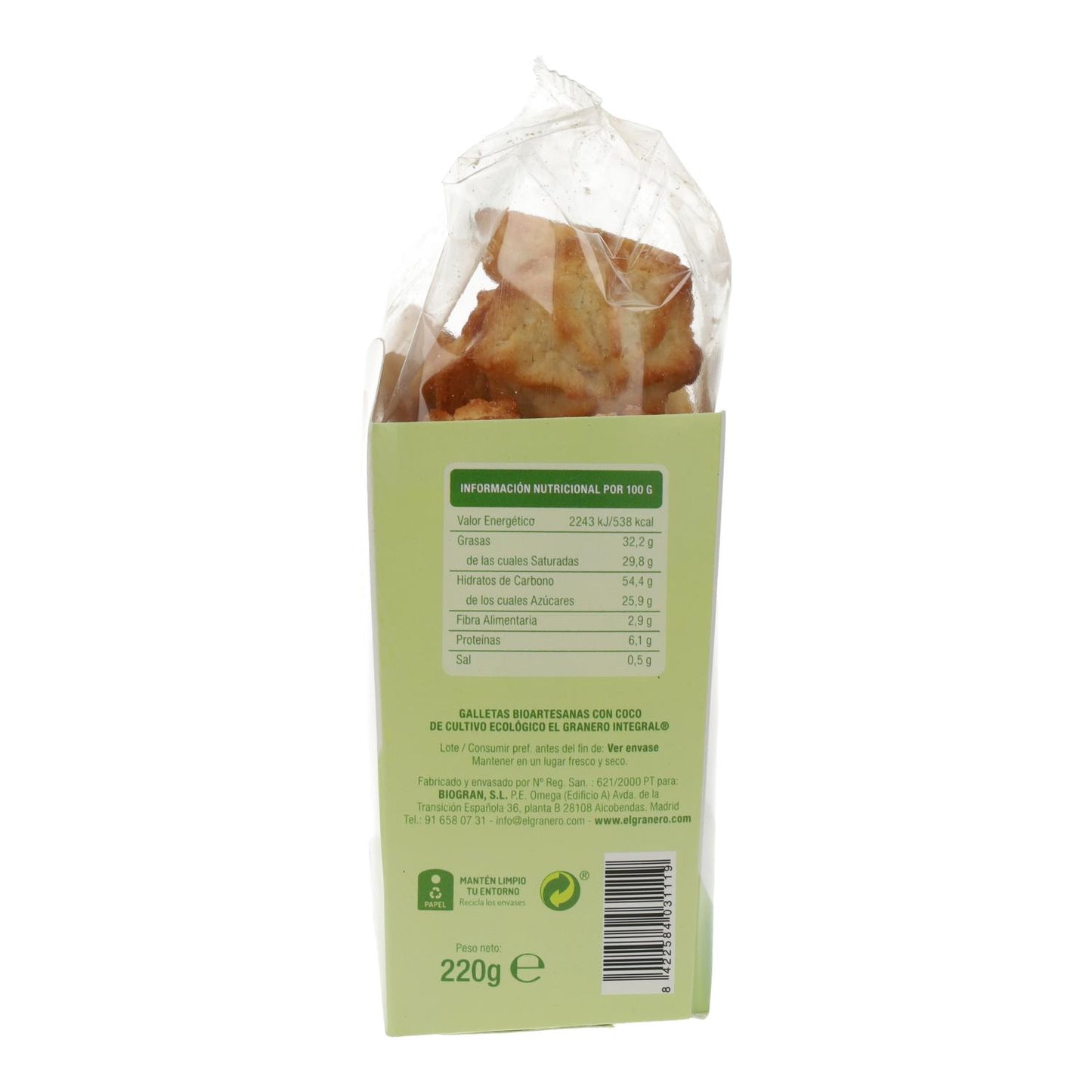 Biscoitos artesanais de coco biológico da El Granero, 220 g