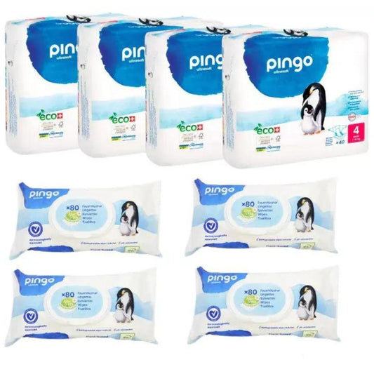 Embalagem 4X 160 Fraldas (7-18kg) + 4X80 Toalhetes Húmidos Pingo