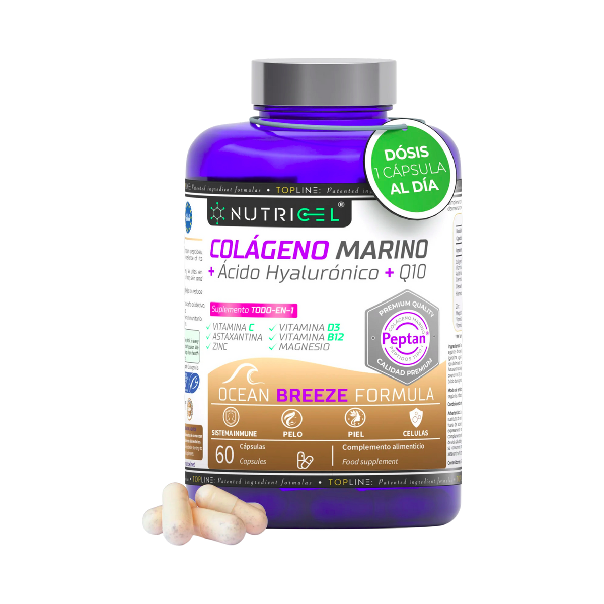 Colágeno marino Peptan® + Ácido hialurónico + CoQ10 Nutricel 60 cápsulas