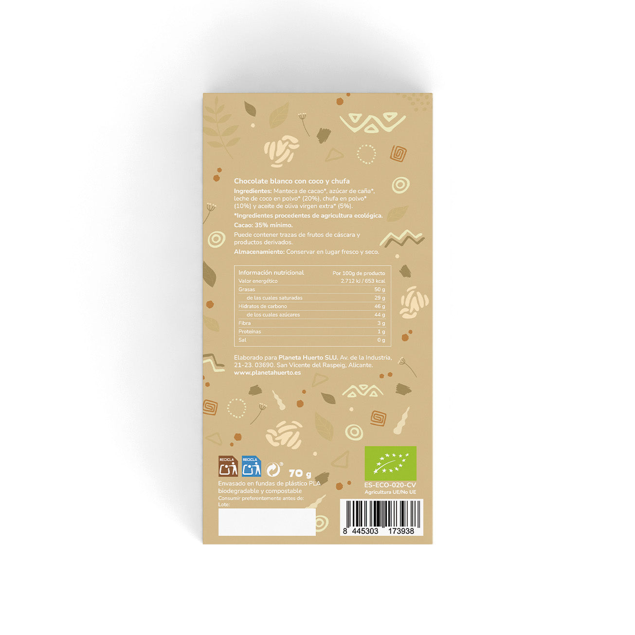 Barra de chocolate branco vegan 35% ECO Planeta Huerto 70 g