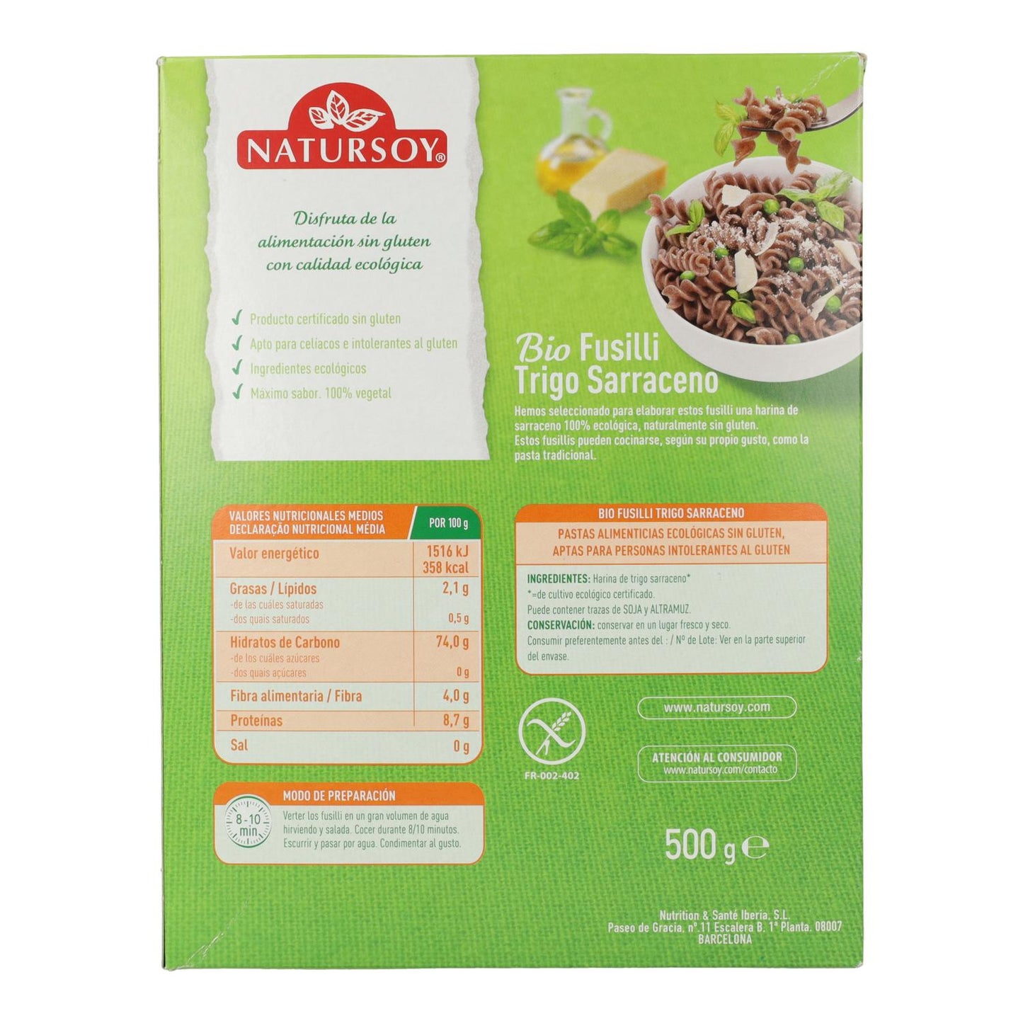 Fusilli de trigo sarraceno sem glúten, 500 g. Natursoy