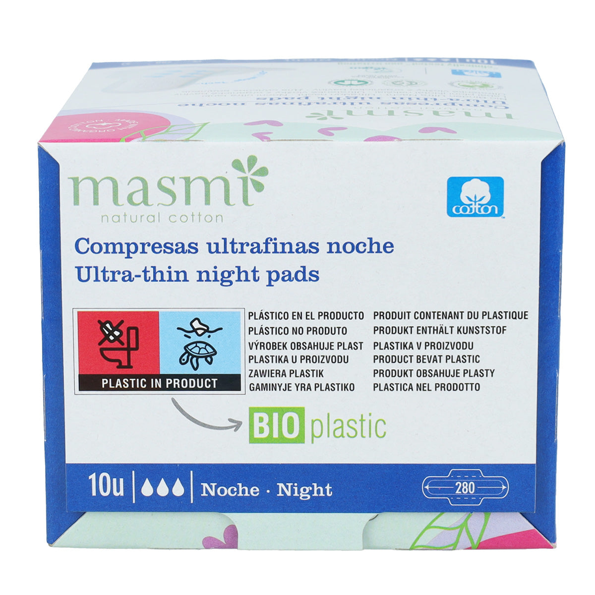 Pensos Noturnos Masmi 100% Algodão Ultra Night Wing, 10 Unidades