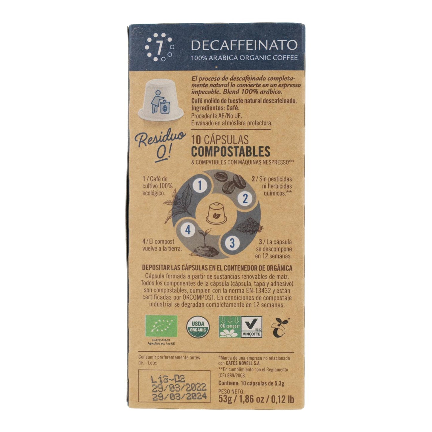 Cápsulas de café descafeinado compostáveis ​​para Nespresso Novell 10 unidades