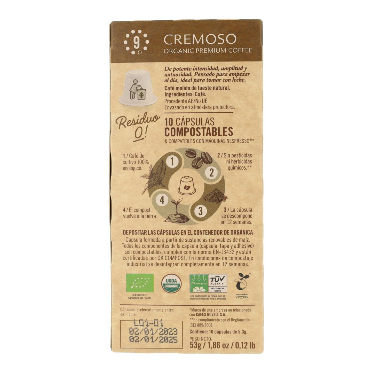 Cápsulas de café cremoso compostáveis ​​para Nespresso 10 unidades
