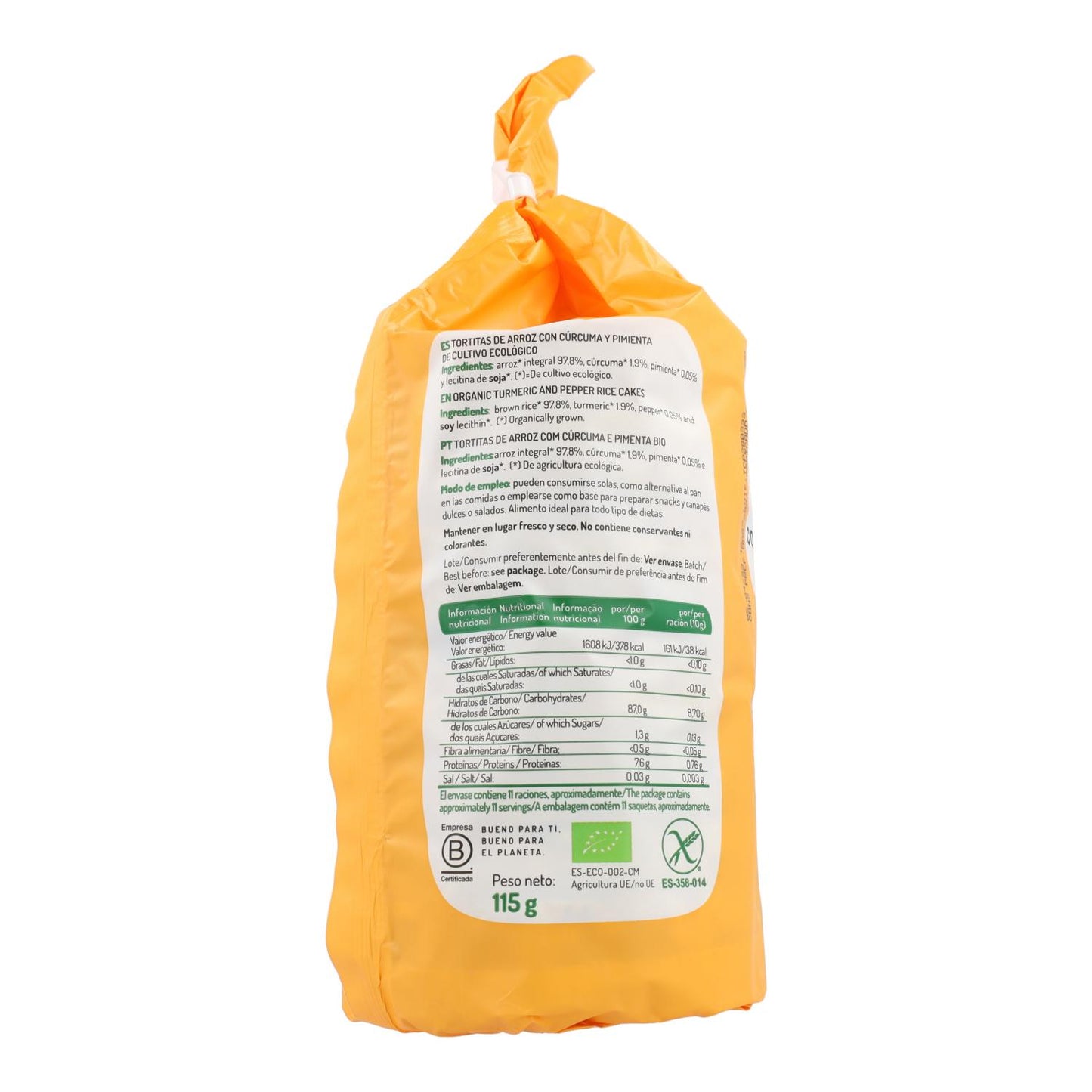 Bolinhos de arroz biológico sem glúten com curcuma e pimenta da El Granero, 115 g