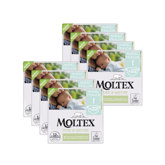 Fraldas Moltex Pure &amp; Nature Tamanho 1 - Embalagem Económica (2-5 kg), 176 unidades