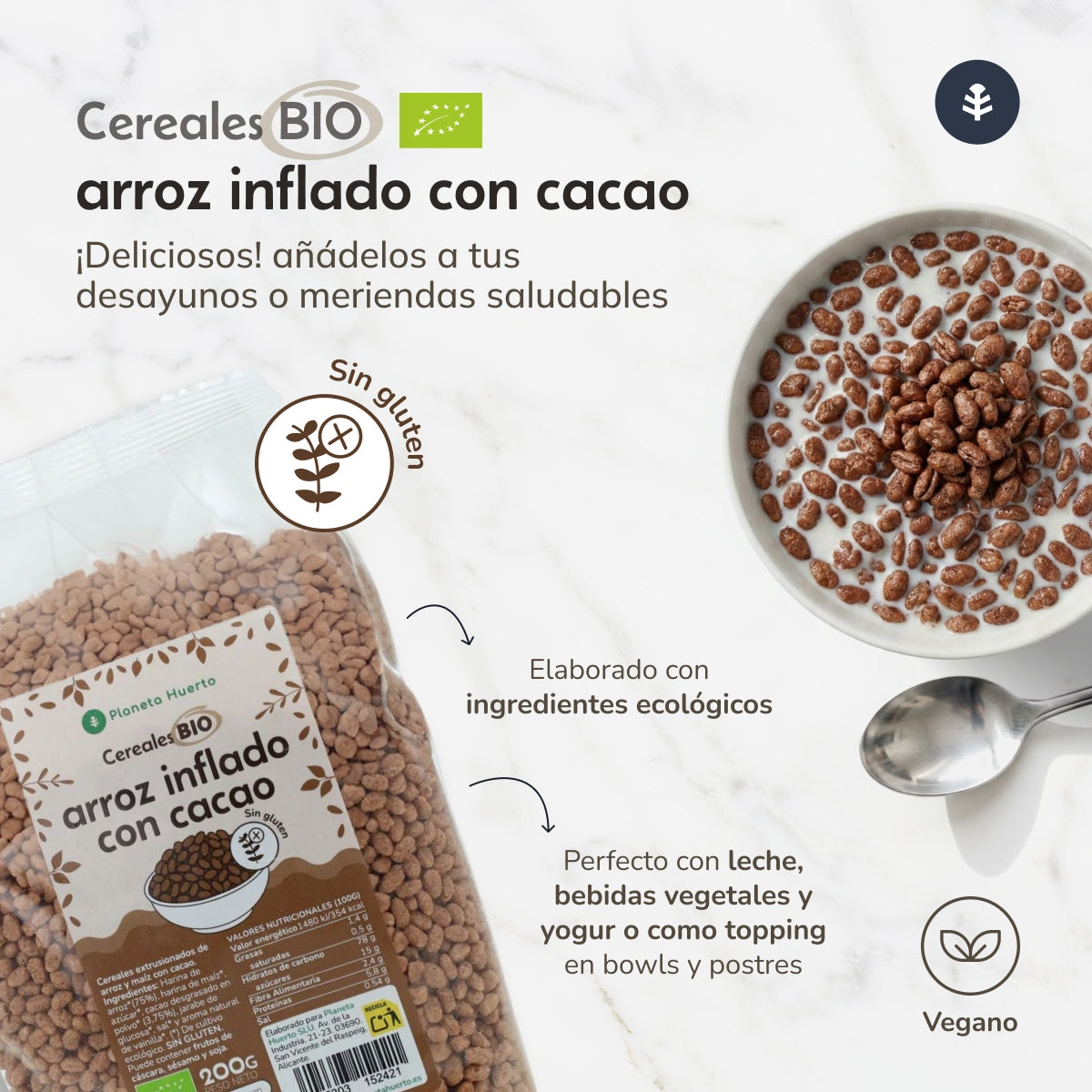 Arroz tufado com cacau Sem glúten ECO Planeta Huerto 200 g