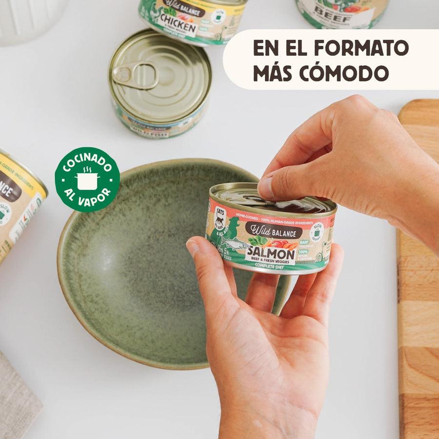 Ração enlatada BARF Wild Balance Salmão e Carne para gatos 6 x 120 g