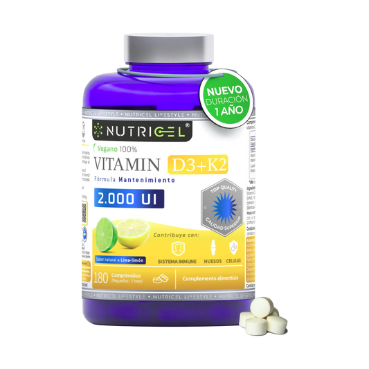 Vitamina D3 + K2 MK7 2000 UI Vegana Nutricel 180 comprimidos sabor lima-limón