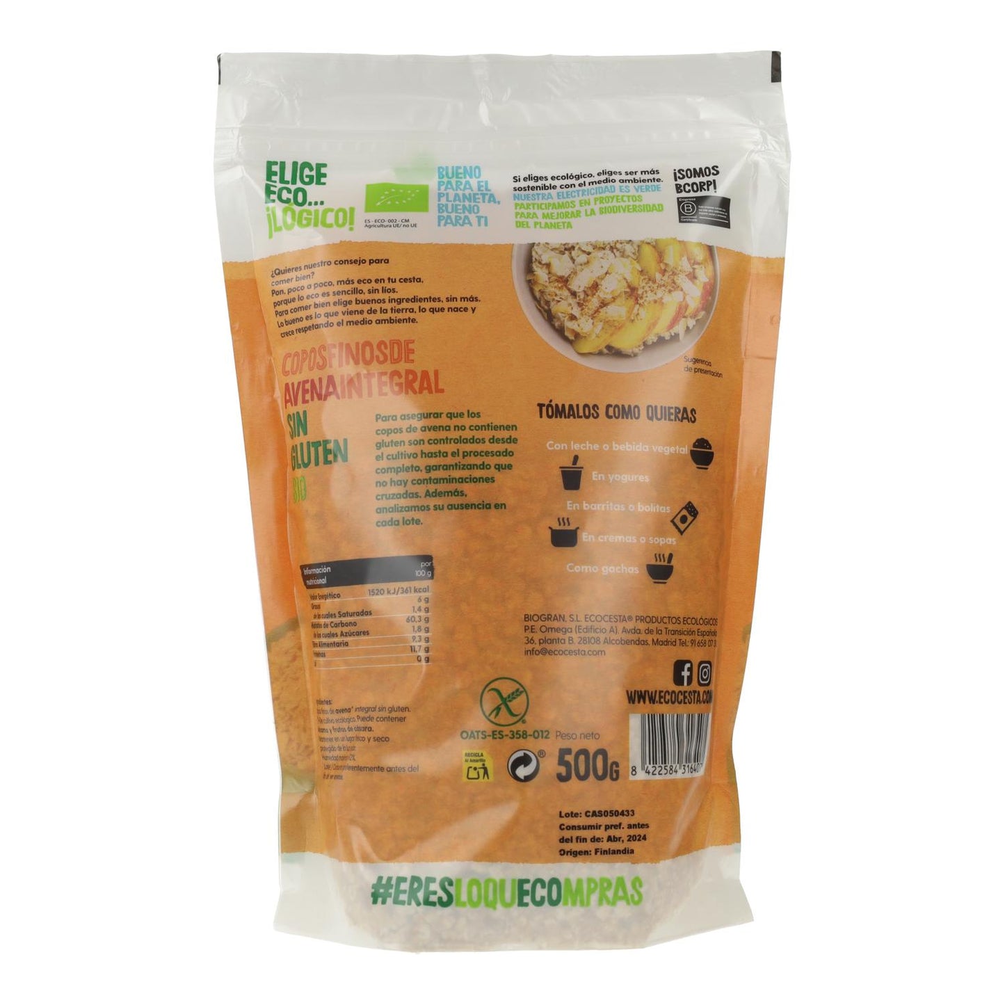 Flocos de Aveia Integral Macios Sem Glúten, Biológicos, 500g Ecocesta