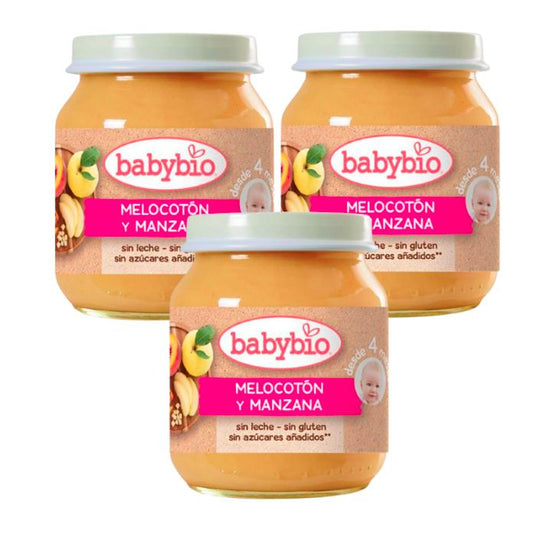 Embalagem PROMOCIONAL 3x Pote de Pêssego e Maçã, 130 g. Babybio