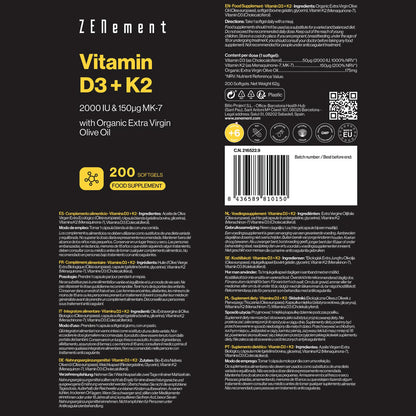 Vitamina D3 + K2, Colecalciferol (2000 UI) e MK-7 (150 μg) Zenement, 200 comprimidos