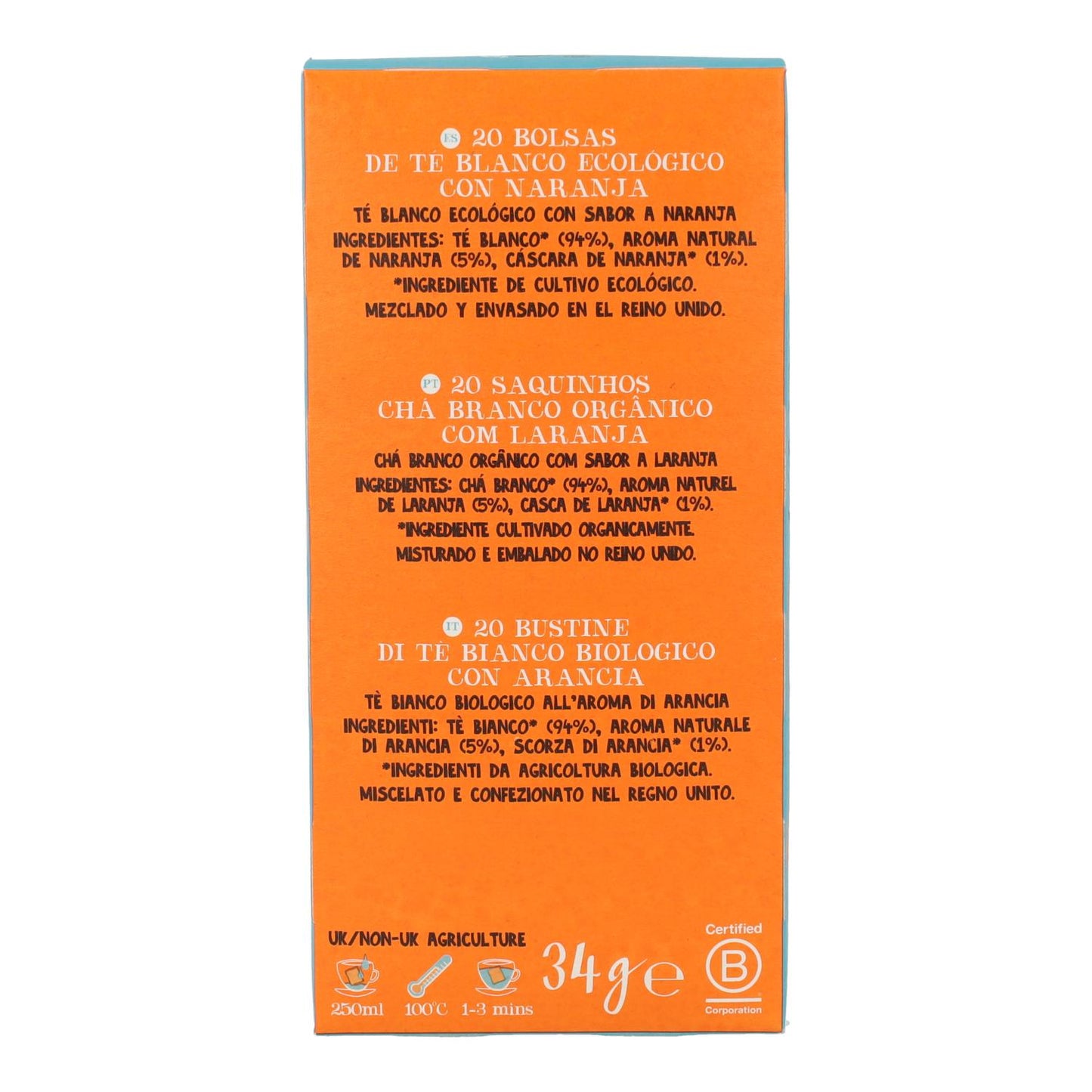 Chá Branco Biológico Cupper com Laranja 20 saquetas 