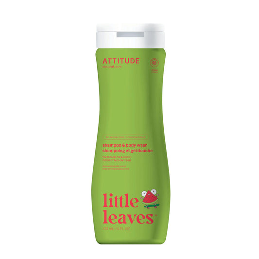 Champô e Sabonete Líquido Corporal 2 em 1 Super Leaves Kids Melancia e Coco Attitude 473ml
