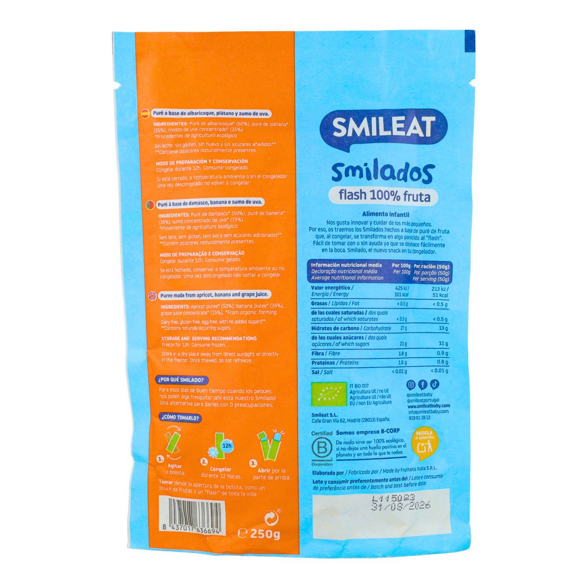 SMILADO Gelado Flash Orgânico de Damasco e Banana, 100% Fruta para Crianças SMILEAT