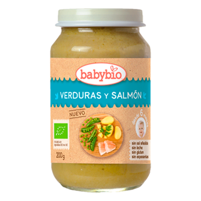 Pote de menu tradicional com legumes e salmão, 200g. Babybio