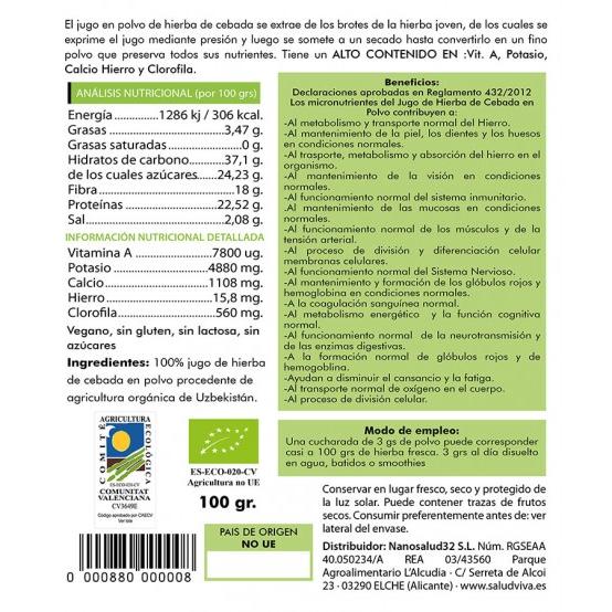 Sumo de erva de cevada orgânico em pó 100g, Salud Viva