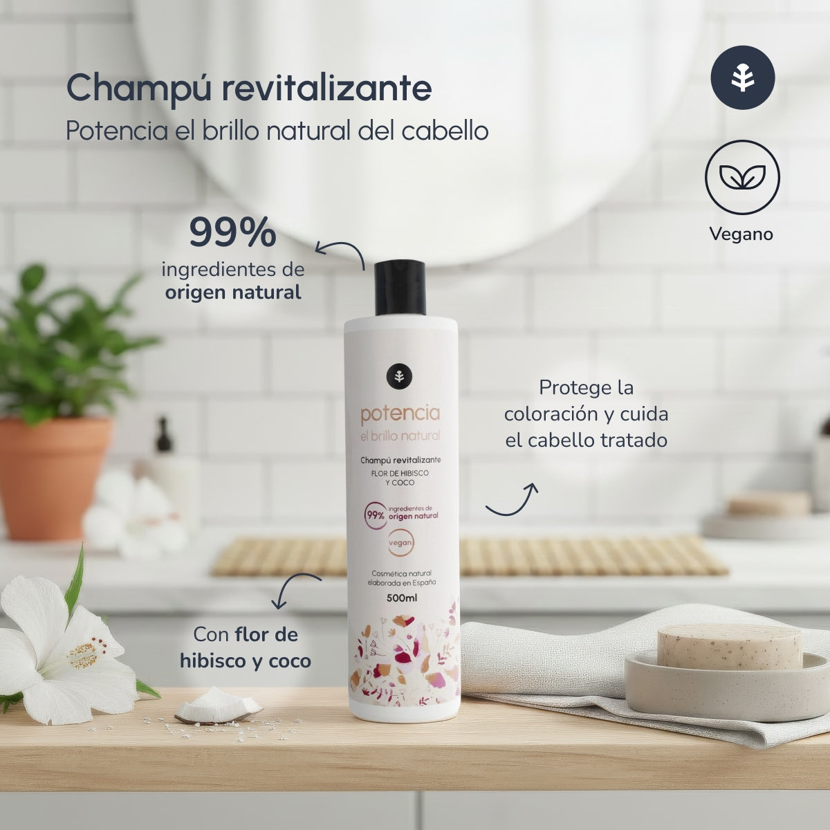 Champô intensificador de brilho com flor de hibisco e coco Planeta Huerto 500 ml