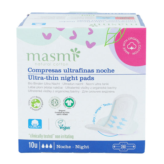 Pensos Noturnos Masmi 100% Algodão Ultra Night Wing, 10 Unidades