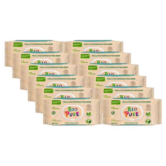 EMBALAGEM 12x Toalhitas Biodegradáveis ​​Salustar Biopure para Bebé 60 unidades