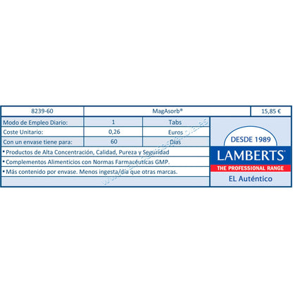 MagAsorb Magnésio Biodisponível - Lamberts, 60 Comprimidos