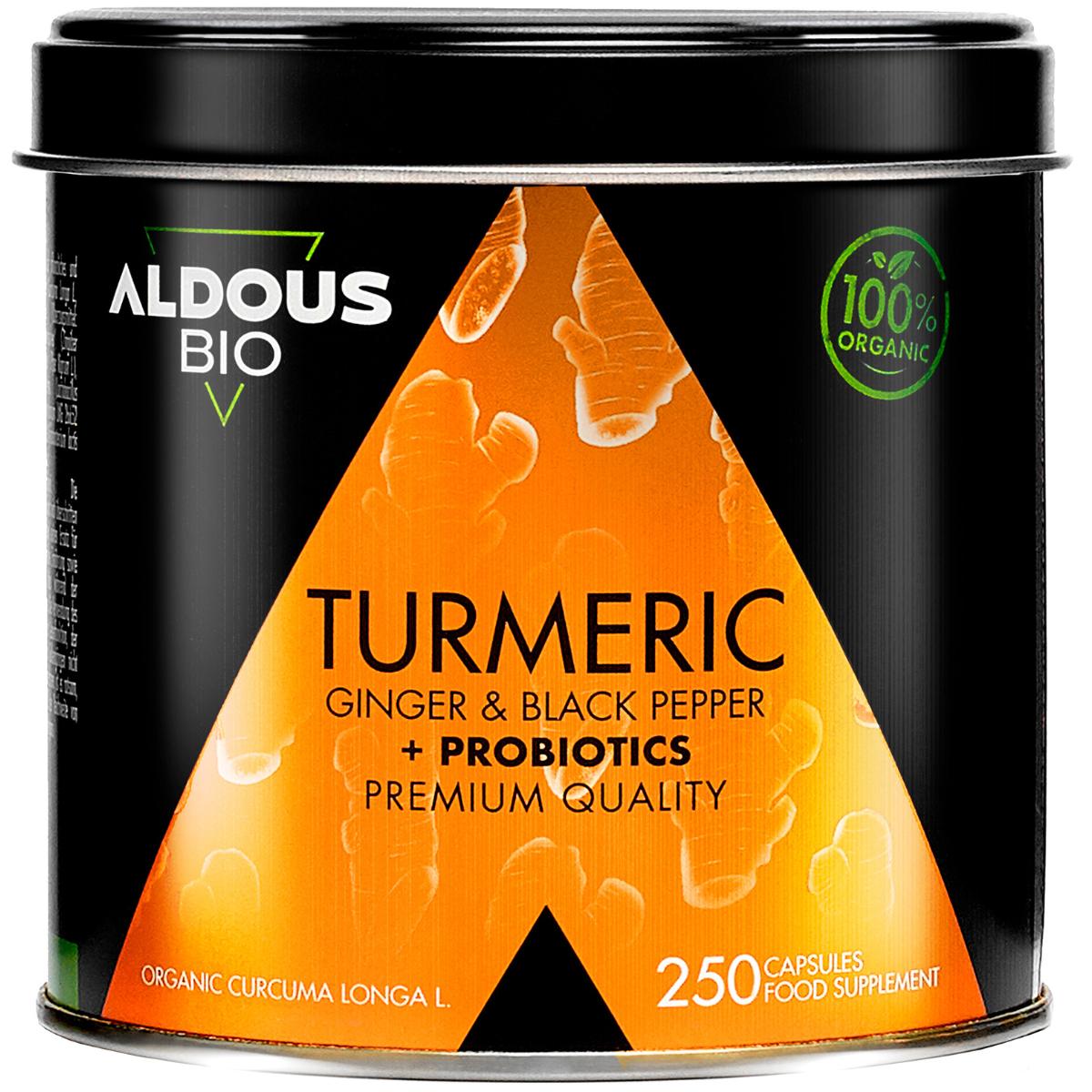 Cúrcuma biológica com gengibre, pimenta preta e probióticos, 250 cápsulas. Aldous Bio