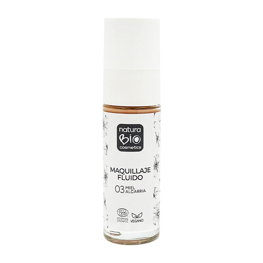 Maquilhagem Fluida 03 Mel de Alcarria, Acabamento Impecável, Com Rosa Mosqueta e Manteiga de Karité, NaturaBio Cosmetics, 30ml