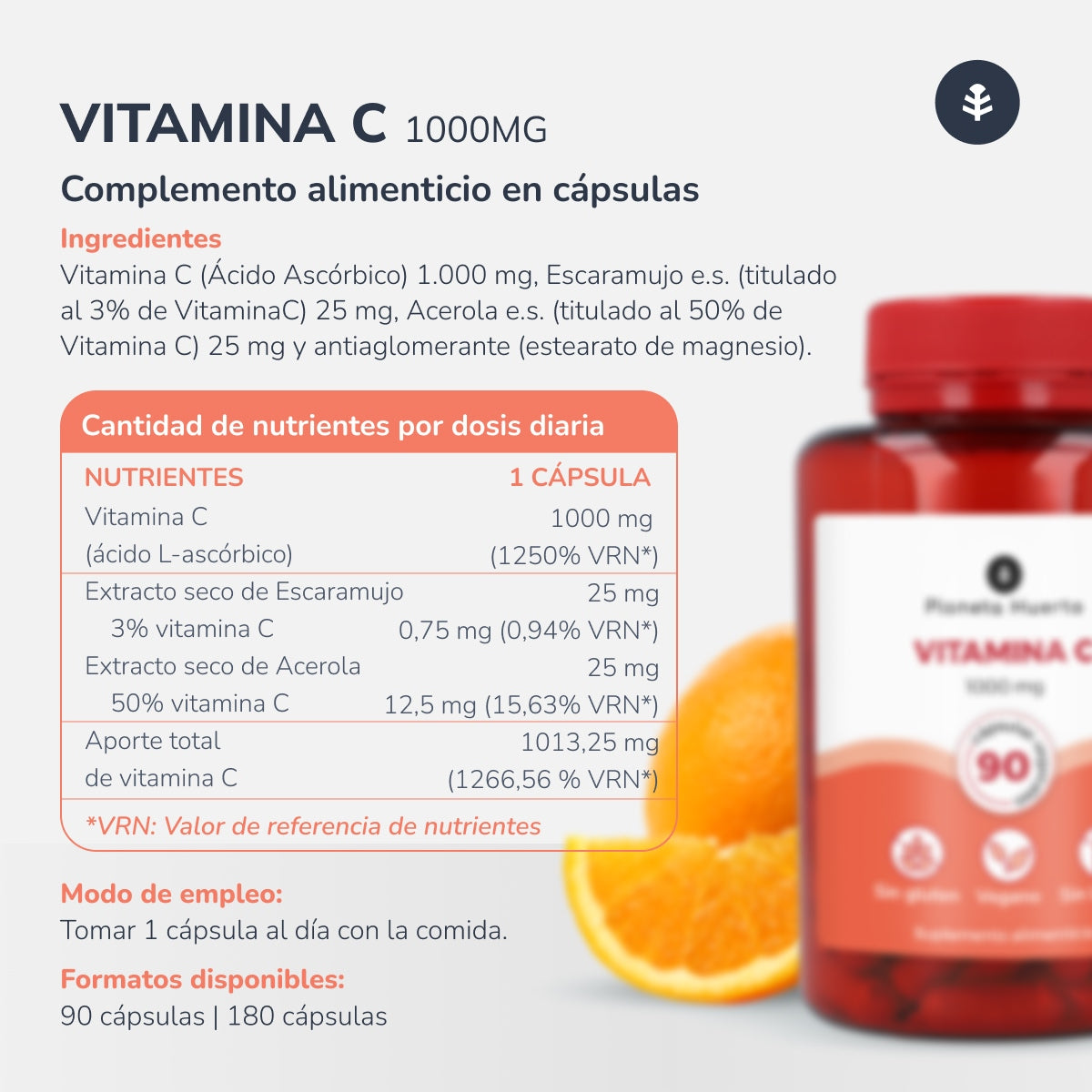 Vitamina C 1000 mg Planeta Huerto 180 cápsulas vegetais