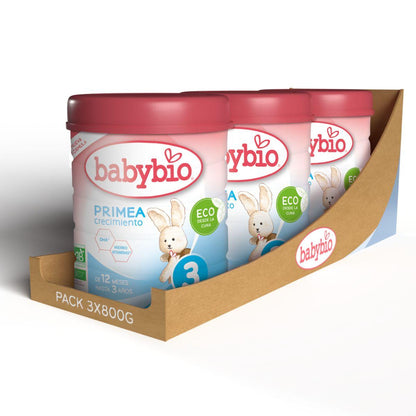 Embalagem de 3 unidades de Leite de Crescimento Babybio Organic Primea 3 800 g
