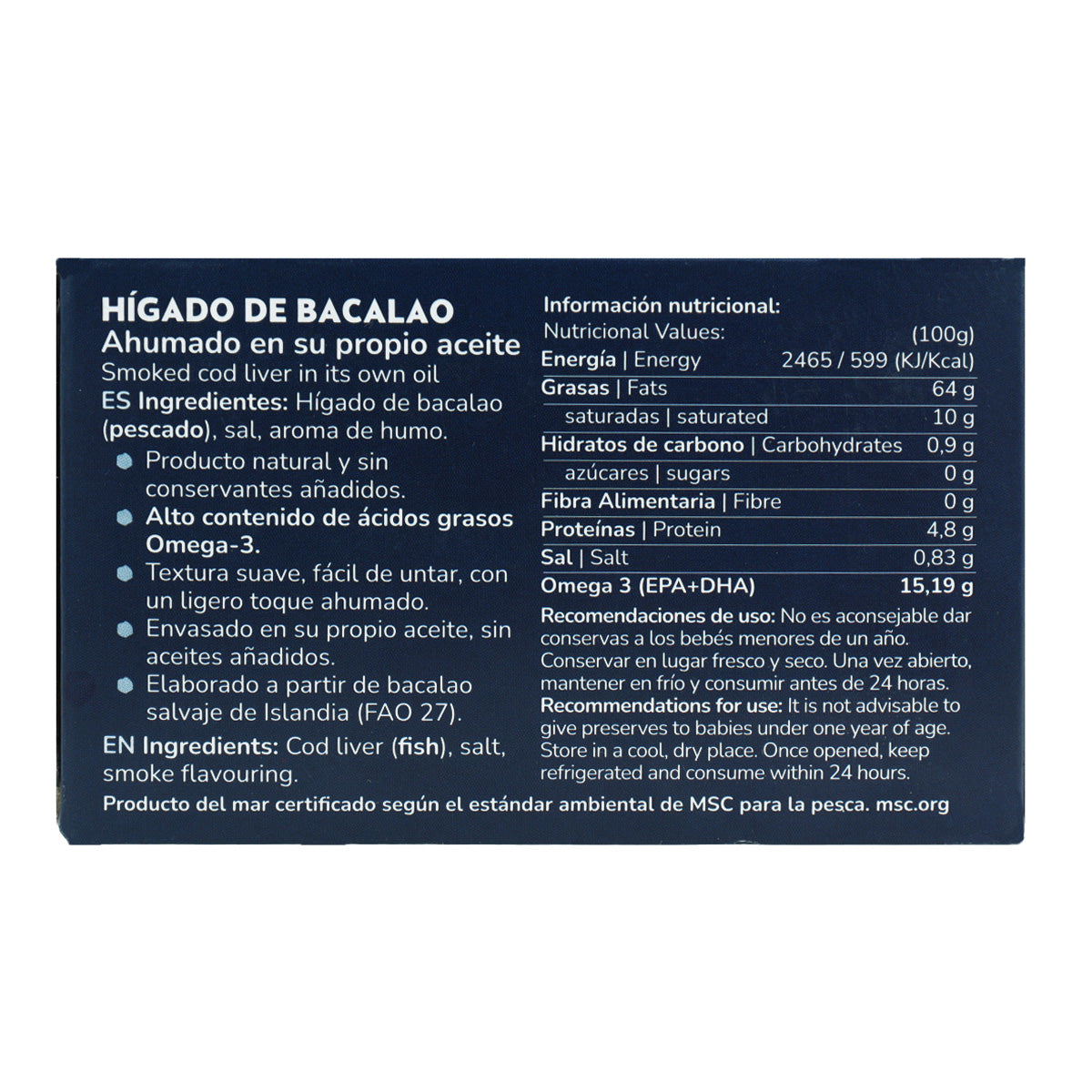 Hígado de bacalao MSC en su propio aceite pesca sostenible Planeta Huerto 120 g