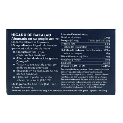 Hígado de bacalao MSC en su propio aceite pesca sostenible Planeta Huerto 120 g