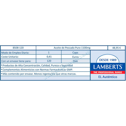 Embalagem de 2x Óleo de Peixe Puro, Lamberts, 1100 mg